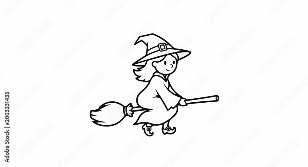 Fototapeta premium A simple cartoon of a girl in a witch hat flying on a broomstick