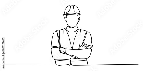 One line drawing of a construction worker wearing a hard hat and vest, arms crossed, standing on a simple line representing the ground.