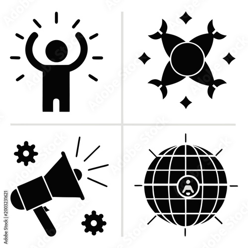 Collection of Icons Representing Success, Marketing, Collaboration, and Global Reach