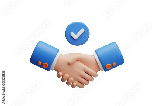 Blue hands shaking with a checkmark above in a circle isolated on transparent background