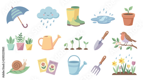 Spring Gardening Flat Vector Icons: Umbrella, Boots, Plants, Tools, Bird, Snail
