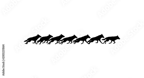 Silhouette of a pack of wolves running in unison across a white background