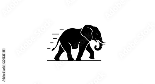 Silhouette of an elephant walking with speed lines, isolated on white background.