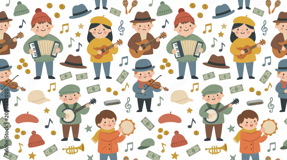 Fototapeta premium Cute kids playing musical instruments, flat cartoon style, seamless pattern