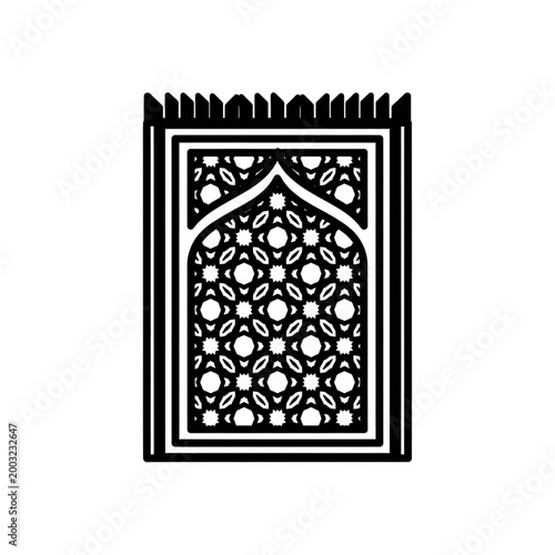 Elegant black and white vector icon of a traditional Islamic prayer mat, showcasing intricate geometric patterns, symbolizing spiritual devotion and worship