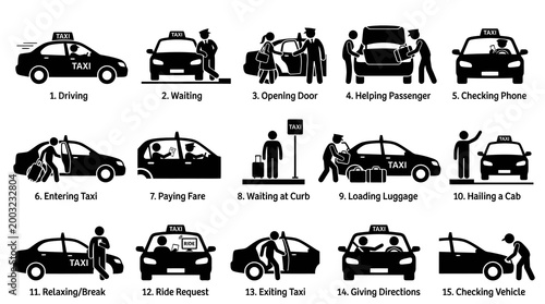 Black and White Icons: Taxi Services - Driving to Checking Vehicle