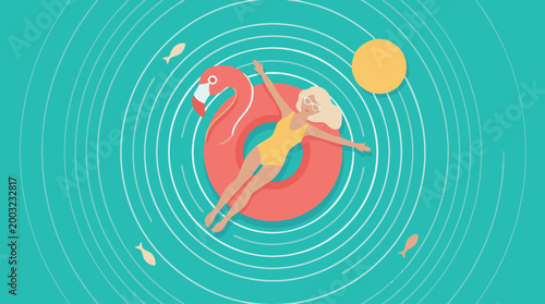 Flat vector top view illustration showing a happy smiling woman wearing a yellow swimsuit relaxing floating on a pink flamingo inflatable ring in the clear blue summer sea water