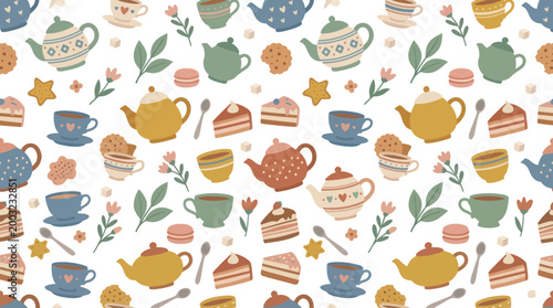 Cute Tea Party Pattern: Teapots, Cups, Cakes, Cookies, Flat Design
