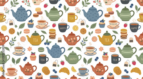 Cute Tea Party Pattern with Teapots, Cups, and Sweets, Flat Style
