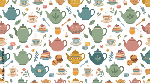 Cozy Tea Party Pattern: Teapots, Cups, Cakes, Cookies, and Macarons