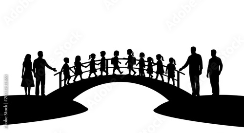 Black silhouettes of teachers and schoolchildren crossing a bridge together.