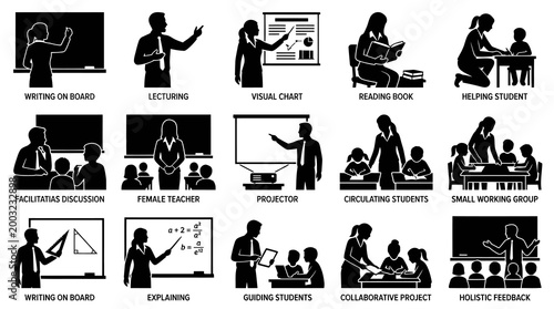 Education Icons: Teacher Lecturing, Writing, Helping Students, Business