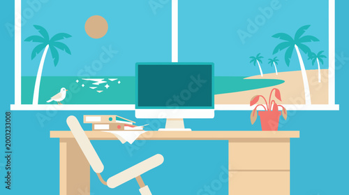 Minimalist vector illustration of an empty modern office desk with a white computer monitor and dead potted plant facing a sunny window showing a serene tropical summer beach landscape
