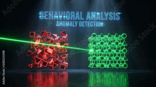 Behavioral Analysis and Anomaly Detection Concept with Glowing Neon Geometric Shapes and Laser Beam