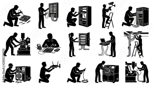 Black and white icons of technicians working on technology equipment