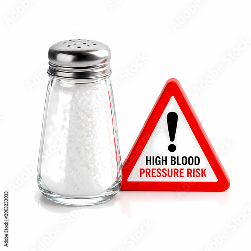 Ultra-realistic healthcare illustration of a transparent glass salt shaker filled with white sea salt crystals placed beside a red warning triangle sign showing high blood pressure risk.