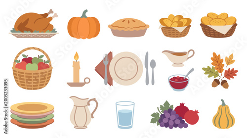 Flat Vector Illustration Set of Thanksgiving Dinner Food and Autumn Harvest Elements