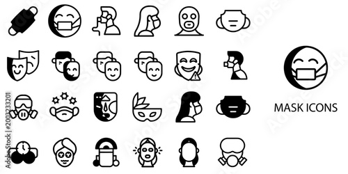 Mask simple New concept 24 Black and White color icons set .Vector illustration.