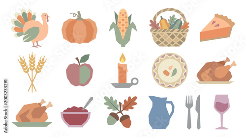 Minimalist Flat Design Thanksgiving Harvest Food Holiday Vector Icon Set