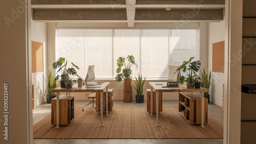 Minimalist modern coworking office space featuring two wooden desks with computers and plants facing large window with natural morning light streaming through clean contemporary design and decor.
