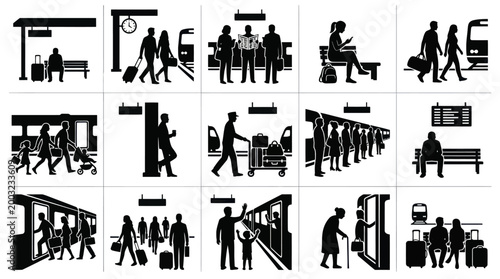 Black and White Icons of People at Train Station, Travel, Waiting, Transport