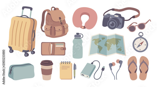 Flat Design Travel Gear and Accessories Vector Illustration