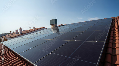 Foto Residential rooftop covered in solar panels under clear blue sky on sunny day representing clean energy generation for private homes and sustainable living solutions for modern house architecture
