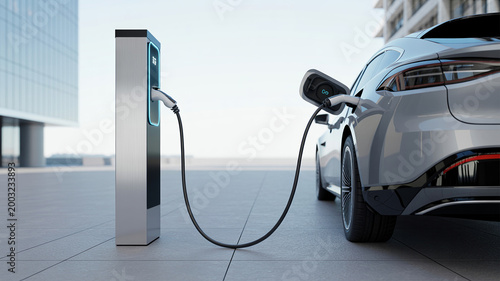 Fotografía Modern electric vehicle charging at public station outdoors next to corporate office building in daytime while plugged into port on gray car representing sustainable transport and green energy use