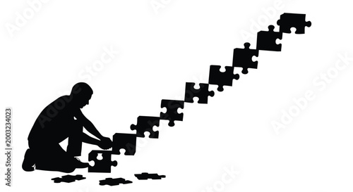 Vector graphic illustration of a determined person assembling puzzle pieces to build a symbolic stairway upwards.