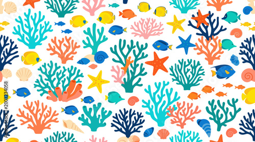 Underwater Coral Reef Seamless Pattern with Fish and Starfish