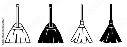 Silhouette of broom icon illustration on white background. Broom icon set for business. Stock vector.	