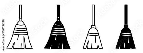 Silhouette of broom icon illustration on white background. Broom icon set for business. Stock vector.	