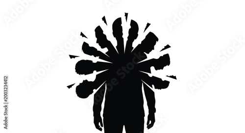 Creative vector illustration showing a man with multiple fragmented head silhouettes radiating from his core