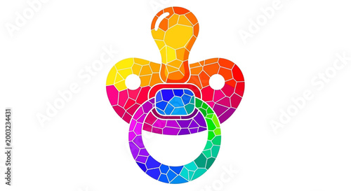 Rainbow mosaic pacifier, colorful baby soother, stained glass effect, vector icon, nursery decor