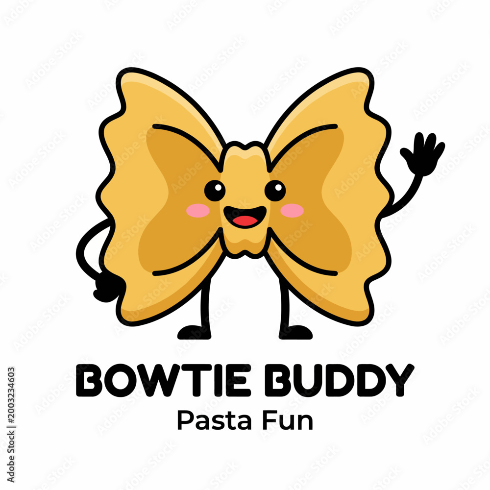 Obraz premium This cheerful animated character represents a bowtie pasta with a friendly smile, designed to bring fun and joy to dining experiences and culinary creativity.