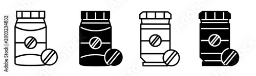 Silhouette of drug bottle icon illustration on white background. Medicine bottle icon set for business. Stock vector.	