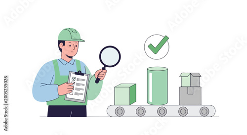 Flat illustration of quality control, worker inspecting items, minimal style, clean white background.