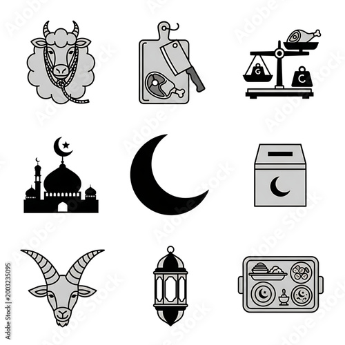 Essential Collection of Islamic Festival Celebration Icons Diverse Symbols for Eid al-Adha, Featuring Animal Sacrifice, Charitable Giving, and Traditional Festive Meals
