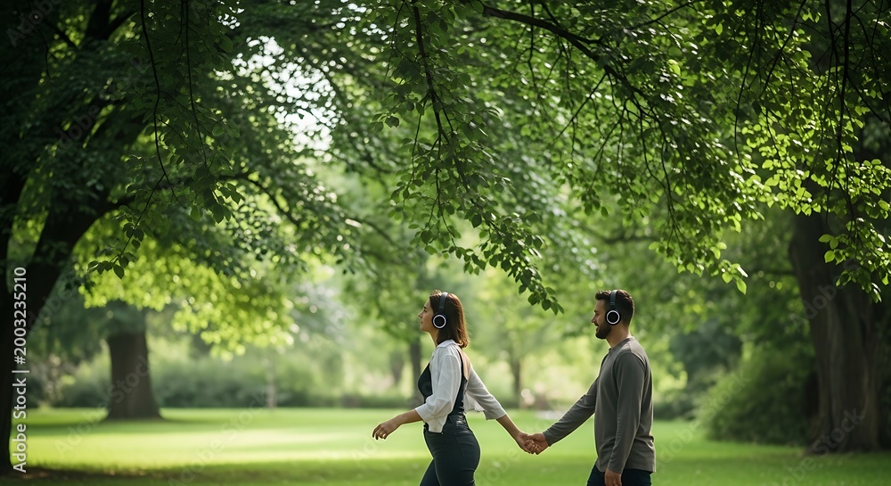 Fototapeta premium Young couple holding hands and walking in a lush green park while wearing headphones