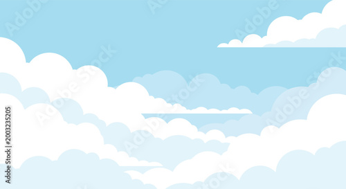 Serene landscape illustration of a bright blue sky filled with layers of soft and fluffy white clouds on a clear sunny day.