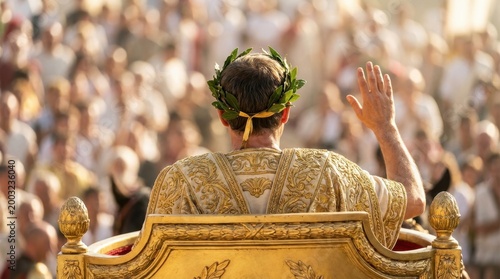 Rear view of an iconic ancient Roman emperor Julius Caesar wearing a golden laurel wreath and ornate robes waving to a massive crowd from an elevated royal golden throne