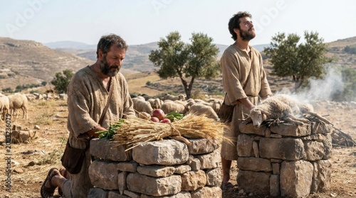 Historical biblical representation of two ancient brothers Cain and Abel offering sacrifices of a slaughtered sheep and wheat harvest on rustic stone altars under a bright daytime summer sky
