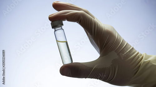 Close up shot of gloved hand holding small glass vial filled with clear liquid solution during clinical laboratory testing process highlighting precision and safety in pharmaceutical research study.