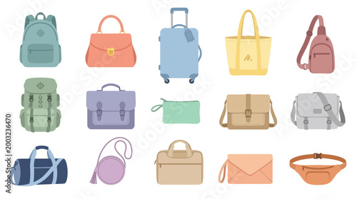 Collection of Flat Style Travel Bags and Accessories Icons