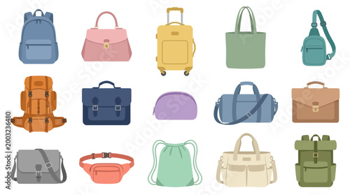 Diverse Collection of Flat Design Handbags, Backpacks and Luggage