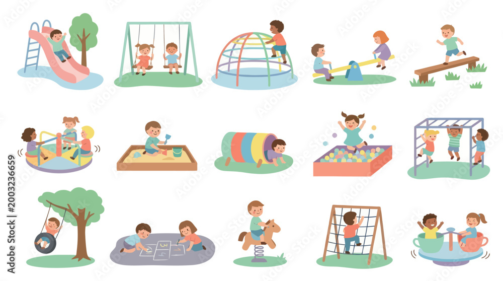 Naklejka premium Children Playing on Playground Equipment, Flat Design Vector Illustration