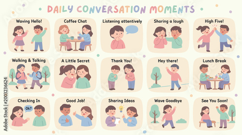Daily Conversation Moments Flat Illustration for Kids Social Skills Education