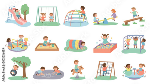 Children Playing on Playground Equipment, Flat Design Vector Illustration