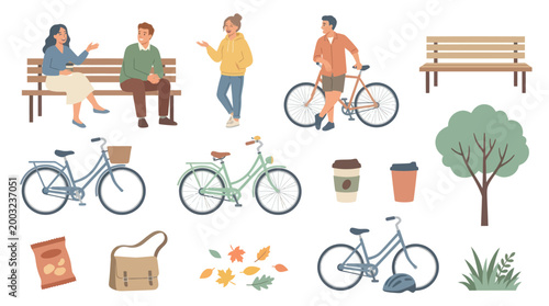 Flat illustration of people cycling in park with bicycles and bench