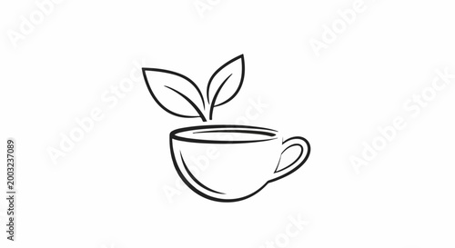 A simple black outline sketch of a tea cup with two leaves sprouting from it